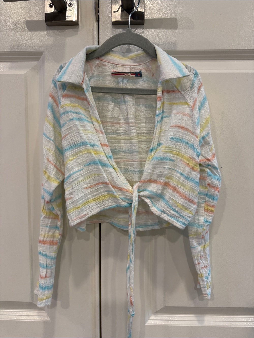 Vintage Havana Pastel Striped Tie-Front Cropped Shirt